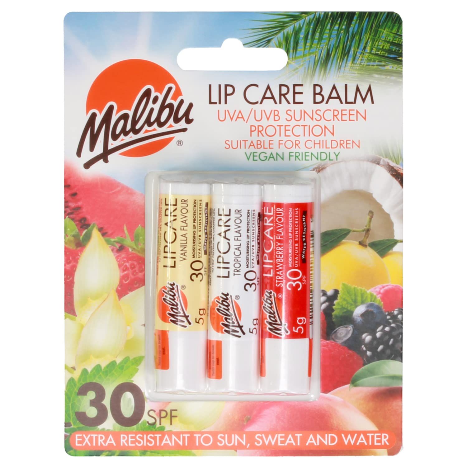 Malibu Lip Care Balm, Vanilla, Tropical, Strawberry, SPF30