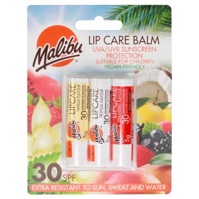 Malibu Lip Care Balm, Vanilla, Tropical, Strawberry, SPF30
