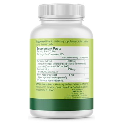 Curcumin 1000mg (Turmeric)(120 Tablets) Made with Curcumin C3 Complex &amp; Bioperine - Standardized to 95 Curcuminoids - Vegan