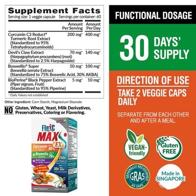 LABO Nutrition FlexC MAX EX with Turmeric Curcumin C3 Reduct 95 Tetrahydrocurcuminoids, Bioperine, Boswellia Extract &amp; Devils Claw, Effective Antioxidation, Joint &amp; Body Discomfort Relief