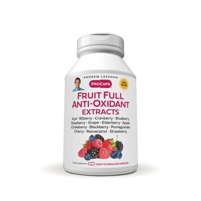 ANDREW LESSMAN Fruit Full Anti-Oxidant Extracts 60 Capsules - 14 Natural Fruit and Berry Extracts. Bilberry, Cranberry, Grape Seed, Pomegranate, Resveratrol, and More. Easy to Swallow Capsules