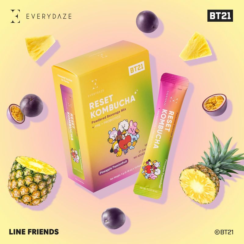 Everydaze BT21 Reset Kombucha Tea Powdered Beverage Mix | 10 Sticks | Prebiotics Probiotics | Vegan | No Added Sugar, Gluten Free, Sparkling Powder Drink Pack (Pineapple Passion Fruit)