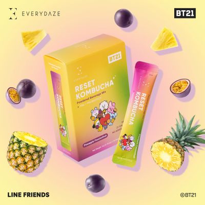 Everydaze BT21 Reset Kombucha Tea Powdered Beverage Mix | 10 Sticks | Prebiotics Probiotics | Vegan | No Added Sugar, Gluten Free, Sparkling Powder Drink Pack (Pineapple Passion Fruit)