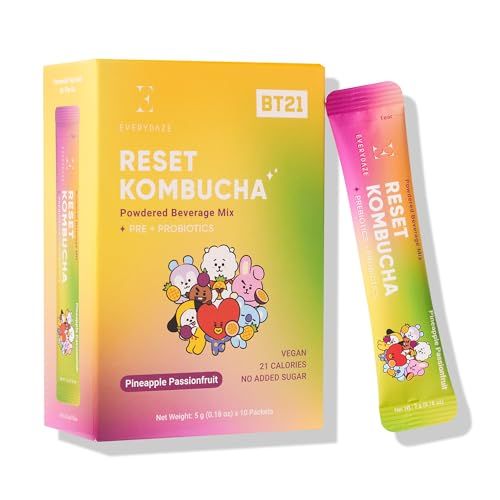 Everydaze BT21 Reset Kombucha Tea Powdered Beverage Mix | 10 Sticks | Prebiotics Probiotics | Vegan | No Added Sugar, Gluten Free, Sparkling Powder Drink Pack (Pineapple Passion Fruit)