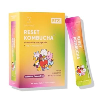 Everydaze BT21 Reset Kombucha Tea Powdered Beverage Mix | 10 Sticks | Prebiotics Probiotics | Vegan | No Added Sugar, Gluten Free, Sparkling Powder Drink Pack (Pineapple Passion Fruit)