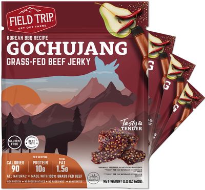 Field Trip Grass Fed Beef Jerky, Healthy Gluten Free Snacks, All Natural, Paleo-Friendly Beef Jerky, High Protein, Low Carb Snack with No Nitrates, 2.2oz Bag, 4 Pack, Gochujang Korean BBQ