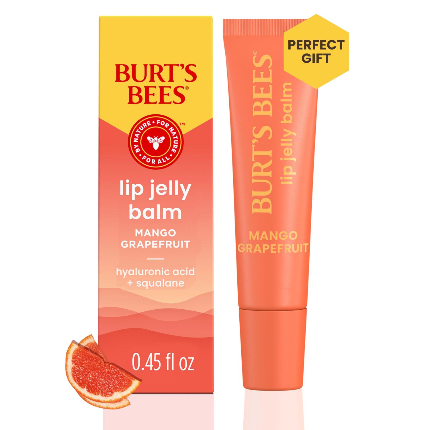 Burts Bees Mango Grapefruit Lip Jelly Balm, With Hyaluronic Acid and Squalane Moisturizer To Instantly Hydrate Lips, Lip Gloss With Responsibly Sourced Beeswax, Tint-Free, Lip Treatment, 0.45 oz.