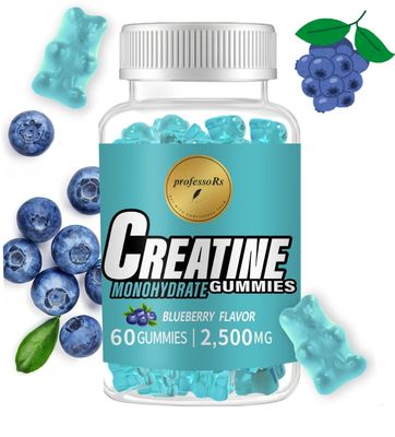 professoRs Creatine Monohydrate Gummies, 2500mg Serving, Men &amp; Women - Muscle Strength, Energy Boost &amp; Pre-Workout Supplement - Chewable Muscle Builder, 60 Blue Berry Flavored Gummies