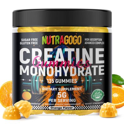 NUTRAGOGO Creatine Monohydrate Gummies for Men &amp; Women-5g of Creatine Monohydrate per Serving - Sugar Free,Vegan, Organe Electrolyte Chews, 135 Count