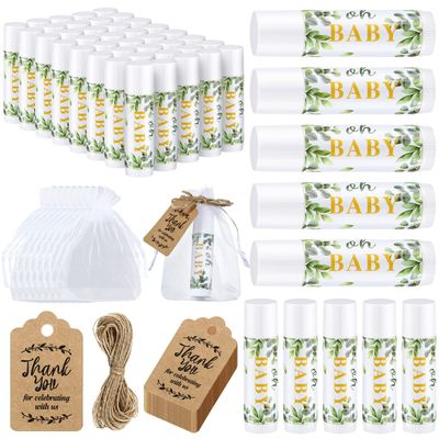 50 Pcs Sage Green Baby Shower Lip Balm Gift Set with 100 Pcs Organza Bag Eucalyptus Baby Shower Favor for Guest Greenery Leaf Lip Balm Thank You Tag Rope Gender Reveal Souvenir bridal Party Decor