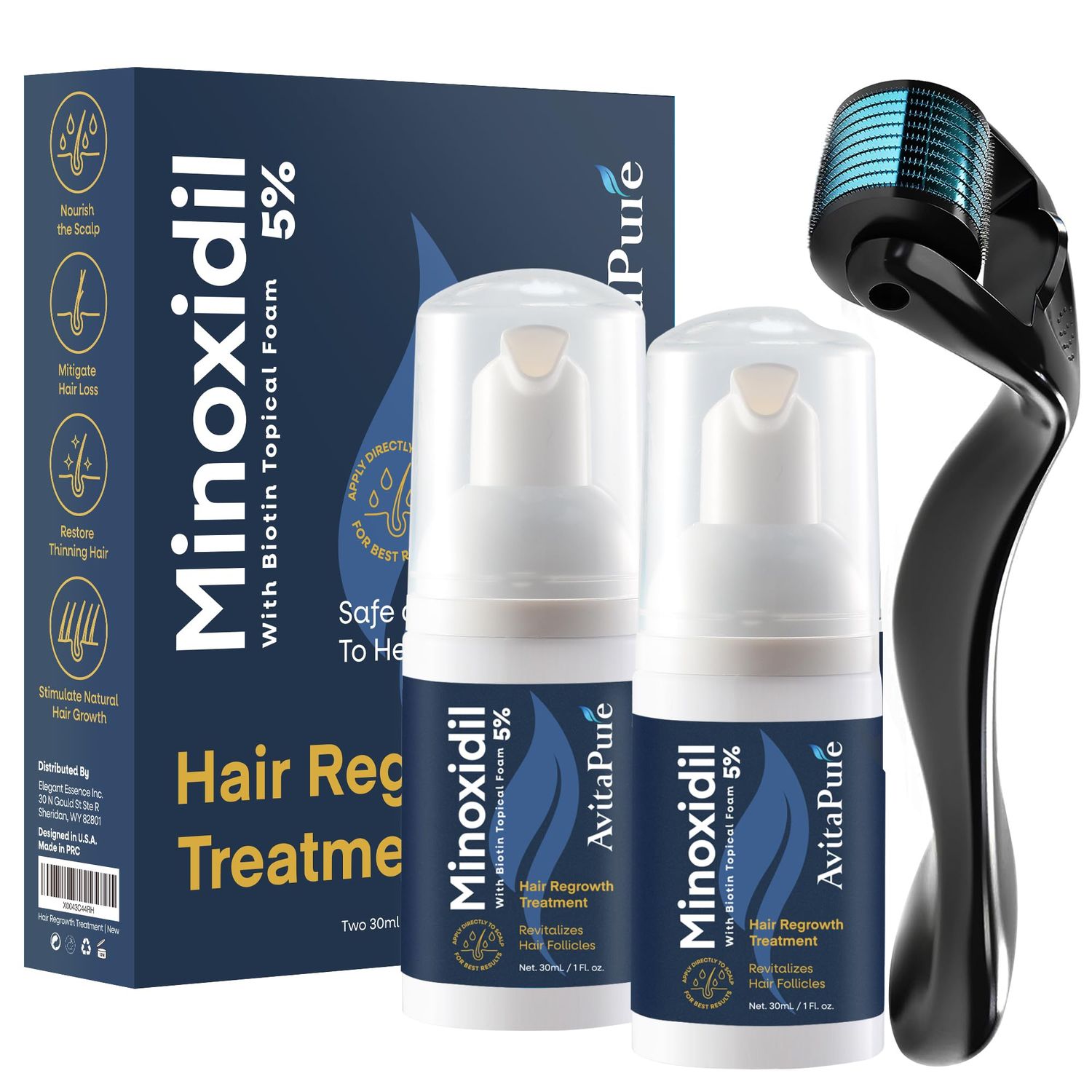 Yuaben Minoxidil Foam for Men and Women: 5 Infused with Biotin, Extra Strength, Regrowth Treatments to Combat Hair Loss, Dark Blue