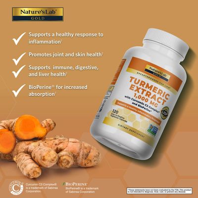 Nature's Lab Turmeric Curcumin C3 Complex 1000mg - Turmeric Extract 1000mg &amp; BioPerine 5mg Standardized to 95, Promotes Cardiovascular, Immune, Joint, Skin Health - 120 Capsules (60 Day Supply)