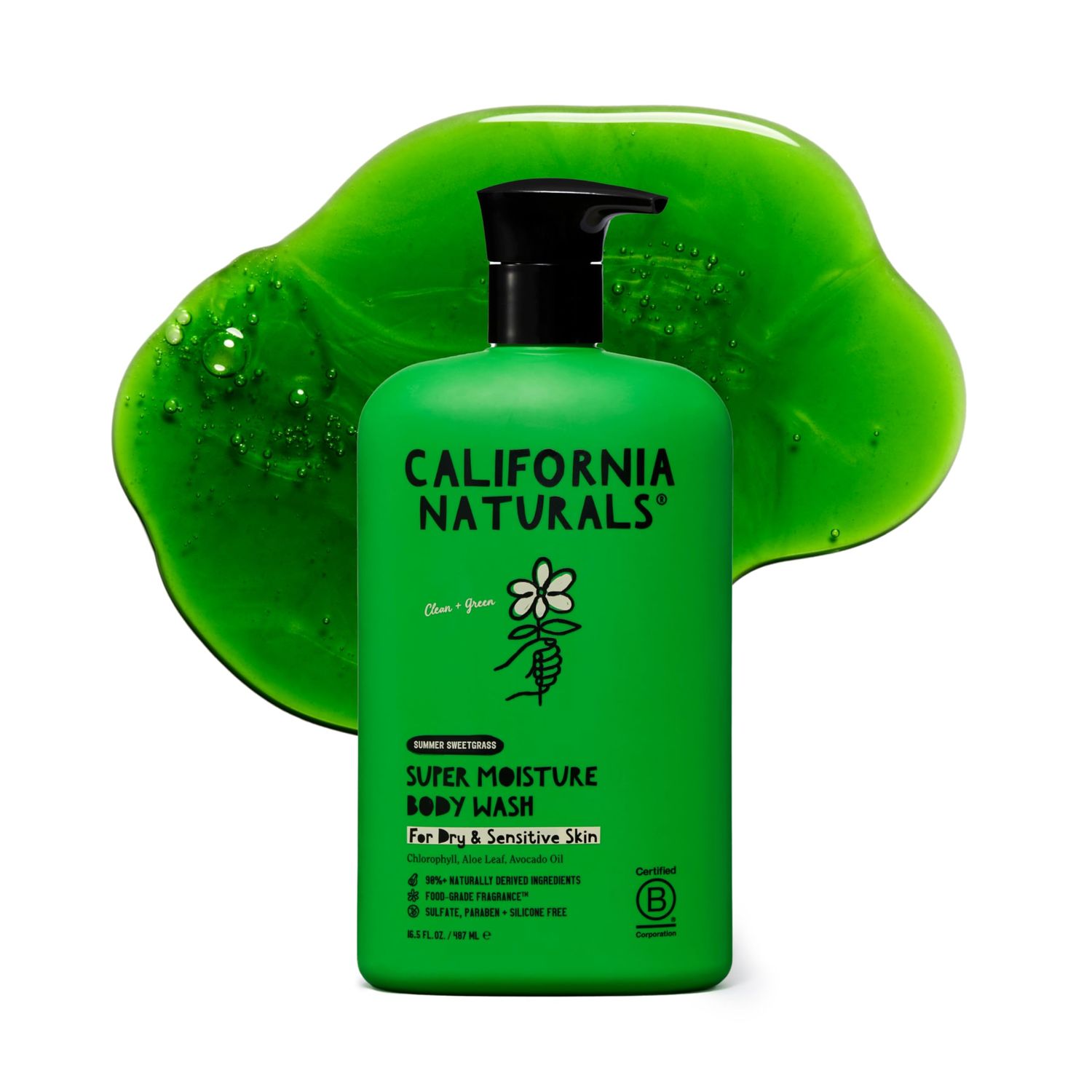 California Naturals Super Moisture Body Wash, Gentle Shower Gel Cleanser for Dry, Sensitive Skin, Moisturizing &amp; Hydrating, Natural, Vegan, Paraben &amp; Sulfate Free Body Moisturizer, 16.5 fl oz