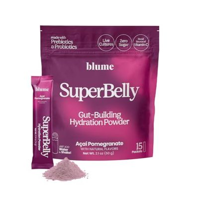 Blume SuperBelly Gut Health and On-The-Go Hydration Packets, Sugar-Free, with Prebiotics, Probiotics, Apple Cider Vinegar, Vitamin C, and Electrolytes, Aai Pomegranate, 15 Sticks