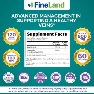FineLand Diosmin & Hesperidin Complex, Premium Advanced Formula, 1000 mg, Blood Flow and Circulation Support, 120 Capsules, 100 Vegan, All Natural