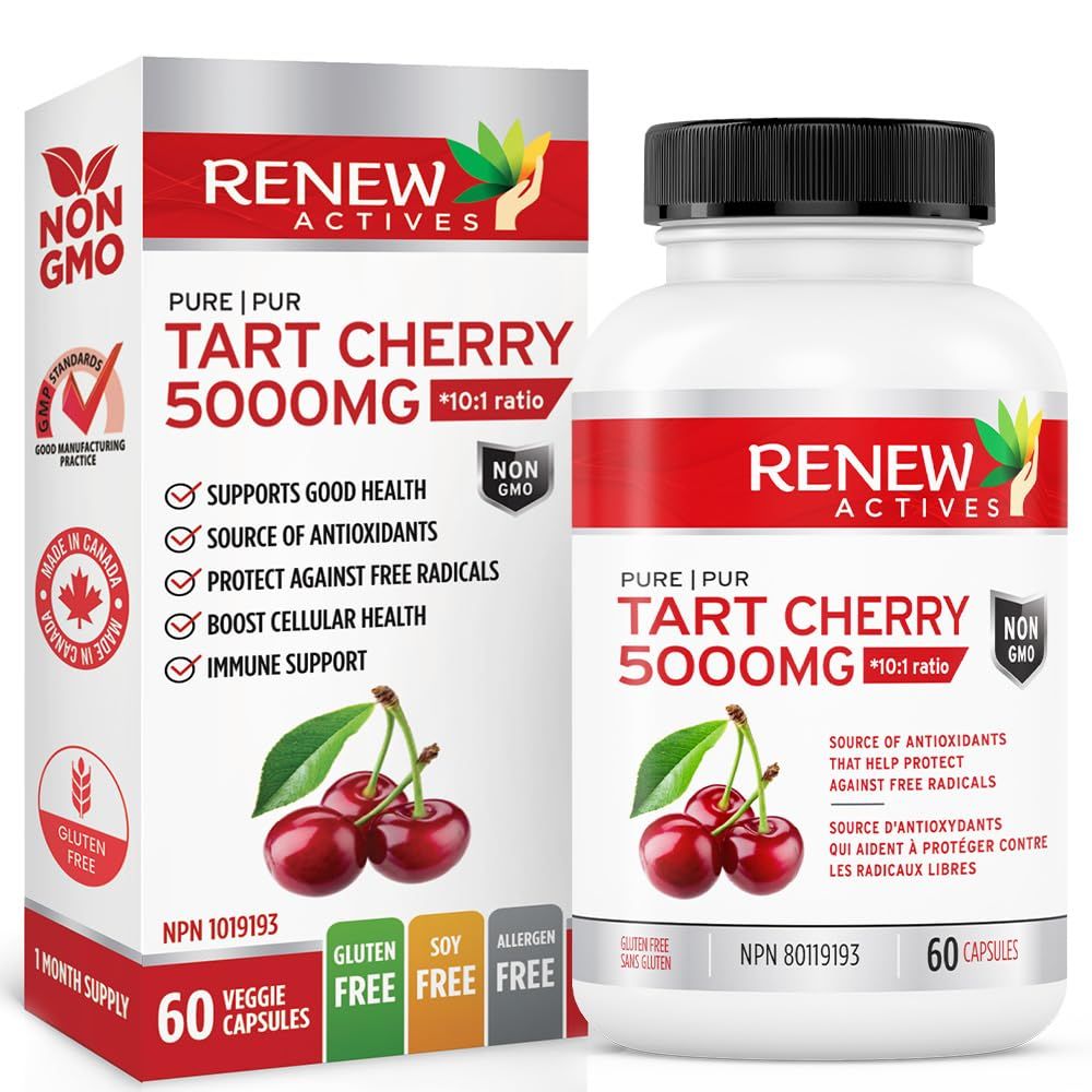 Renew Actives Tart Cherry Extra 500mg per 2 Capsules - High-Potency Antioxidant for Free Radical Protection &amp; Wellness - 60 Easy-to-Swallow Capsules - Made in Canada