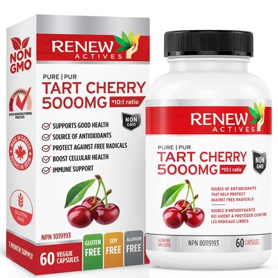 Renew Actives Tart Cherry Extra 500mg per 2 Capsules - High-Potency Antioxidant for Free Radical Protection &amp; Wellness - 60 Easy-to-Swallow Capsules - Made in Canada