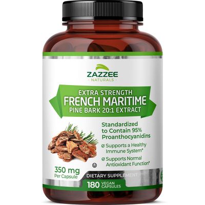 Zazzee Extra Strength French Maritime Pine Bark 20:1 Extract, 350 mg Per Capsule, 180 Vegan Capsules, 95 Proanthocyanidins, Kosher, 6 Month Supply, Standardized 20X Extract, Non-GMO, Made in The USA