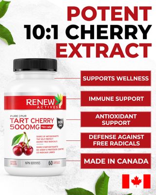 Renew Actives Tart Cherry Extra 500mg per 2 Capsules - High-Potency Antioxidant for Free Radical Protection & Wellness - 60 Easy-to-Swallow Capsules - Made in Canada