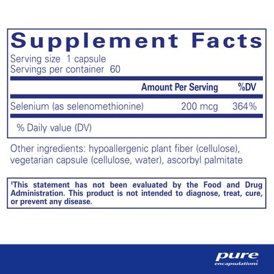 Pure Encapsulations Selenium - 200 mcg - for Healthy Cellular Function, Immune System &amp; Antioxidant Defenses - Mineral Supplement - Vegan &amp; Gluten Free - 60 Capsules