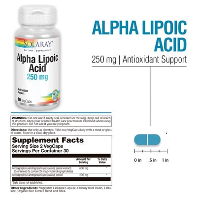 SOLARAY Alpha Lipoic Acid 250 mg - 60 VegCaps - Healthy Antioxidant Activity &amp; Energy Support - Non-GMO &amp; Vegan