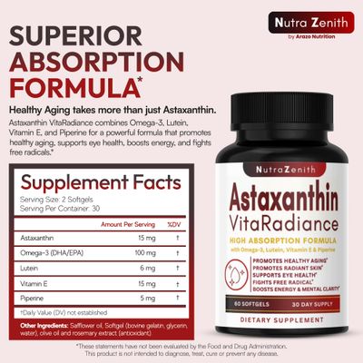 Astaxanthin Supplement with Omega-3, Vitamin E &amp; Lutein - 60 Capsules for Super Antioxidant Support, Energy Boost, Mental Clarity &amp; Eye/Skin Care - Triple-Action Formula (Powerful Antioxidant Complex)