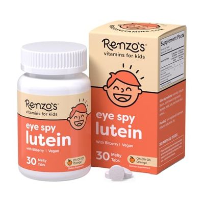 Renzo&#39;s Eye Spy Lutein with Bilberry Extract, Dissolvable Kids Vitamins for Eye Health, Sugar-Free Supplements, 30 Orange-Flavored Melty Tabs