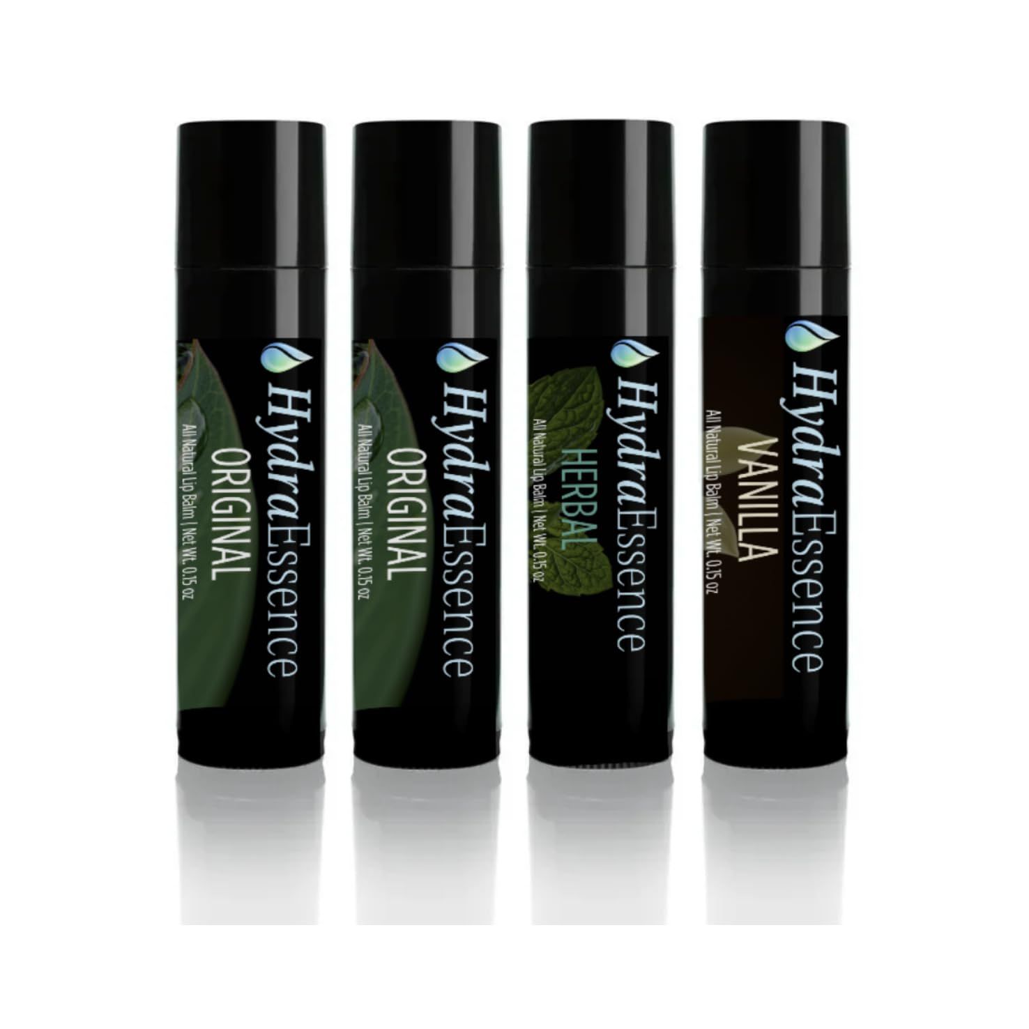 HydraEssence Pure Essentials | Long-Lasting Lip Balm for Sensitive Lips | Stops Constant Reapplication | Deep Hydration &amp; Lightweight Protection | 4-Pack - Unscented (2), Vanilla, Herbal