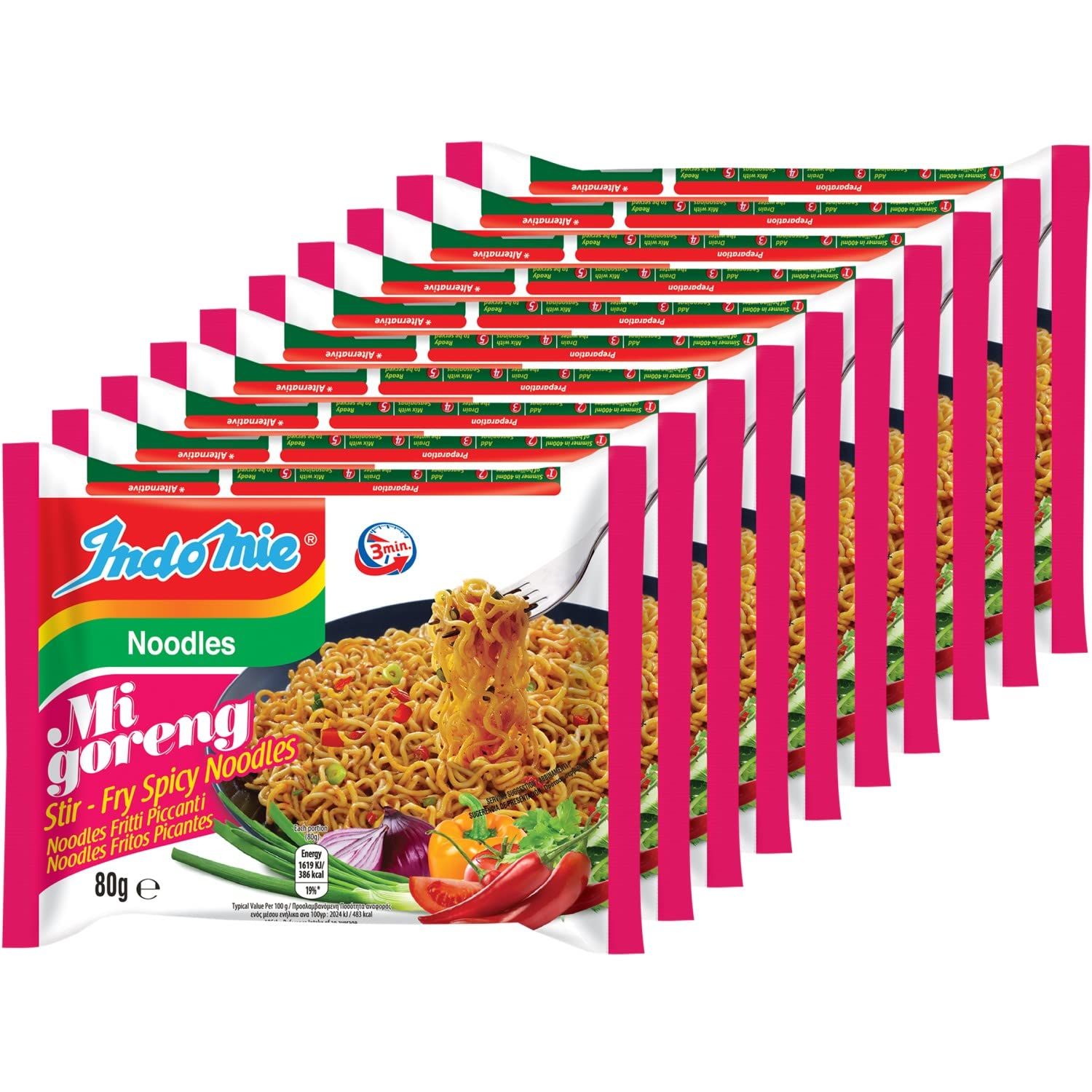 Indomie Mi Goreng Instant Stir Fry Noodles, Halal Certified, Hot &amp; Spicy / Pedas Flavor, 3 Ounce (Pack of 10)