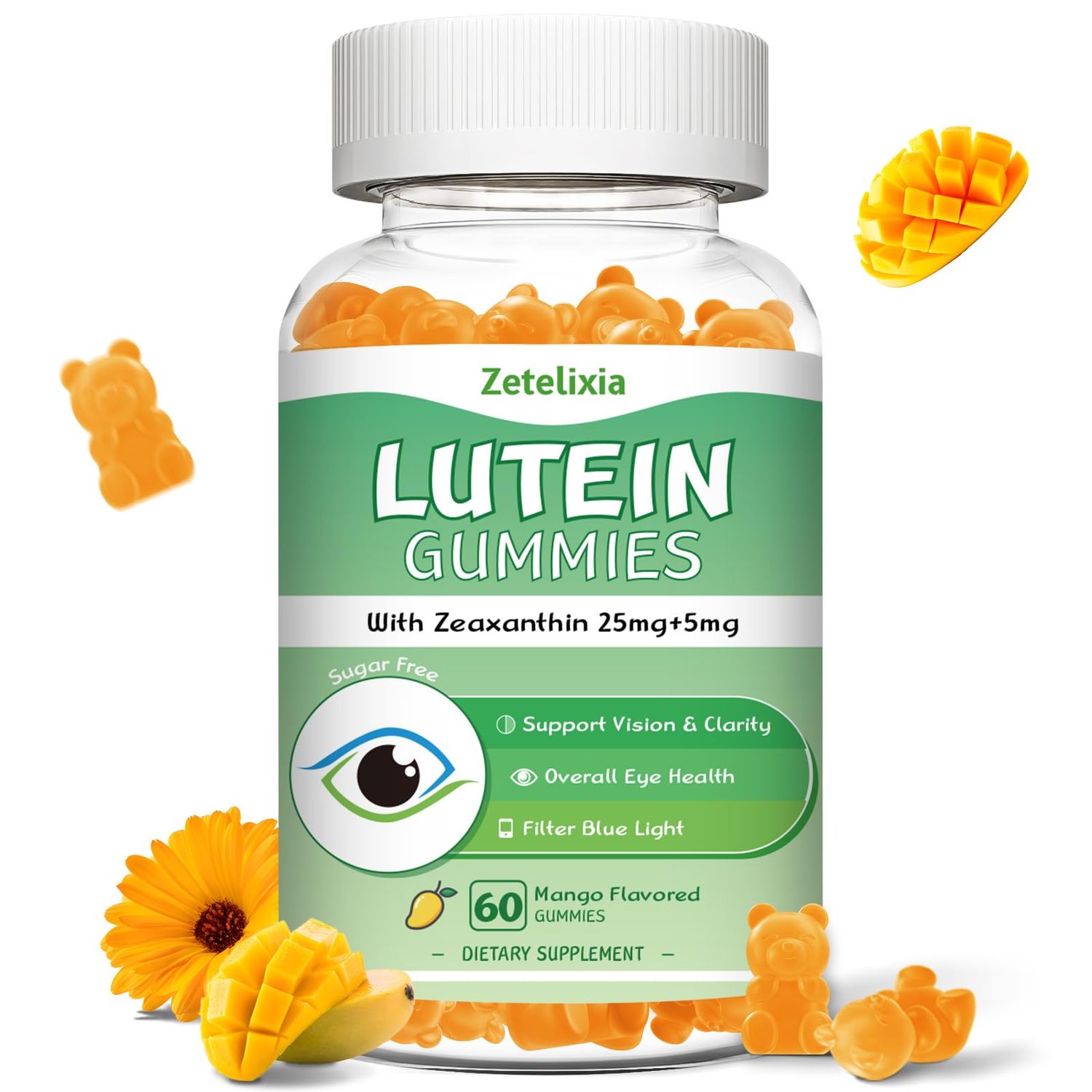 Lutein Gummies 25mg, Sugar Free Lutein Zeaxanthin Supplements Gummies, Eye Health Supplement for Adults, Eye Vitamins Lutein for Vision and Blue Light Protection, Mango Flavor, 60 Count