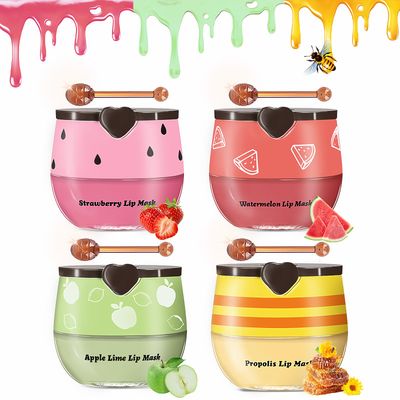 Bee Lip Balm Honey Pot, 4pcs Propolis Lip Mask Overnight Moisturizing Fruity Lip Balm with Stick, Hydrating Prevention Dry and Cracked Lip Scrubs Exfoliator Lip Care, Sleeping Lip Mask Hydrating(B)