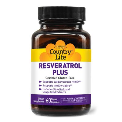 Country Life Resveratrol Plus 1000mg - Organic Antioxidant Supplement with Pine Bark &amp; Grape Seed Extracts - Vegan, Gluten-Free, Non-GMO