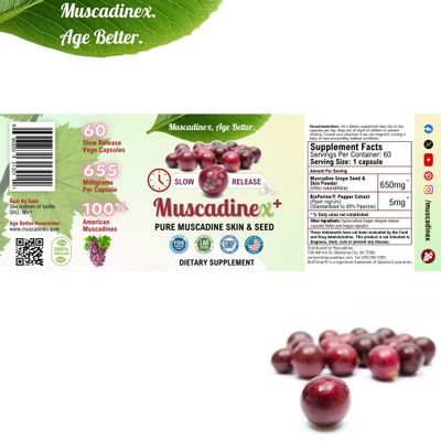 USA Muscadine Quercetin, Ellagic Acid, Resveratrol, Myricetin, Kaempferol &amp; BioPerine - Time Release Capsules for Extra Bioavailability - Vegan - Non GMO - Gluten Free - Made in USA