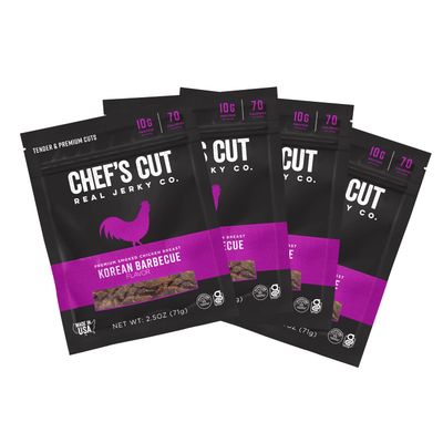 Chef&#39;s Cut Chicken Jerky Meat, Korean Barbecue (2.5 Ounce Bags, Pack of 4) - High Protein, 10g Protein, 70 Calories, Gluten-Free, Premium Smoked Chicken Breast, Keto Friendly Snack, Low Carb Snack