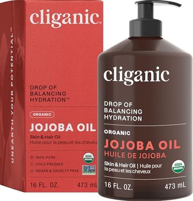 Cliganic Organic Jojoba Oil 16oz with Pump, 100 Pure | Bulk, Moisturizing Oil for Face, Hair, Skin &amp; Nails | Natural Cold Pressed (Packaging May Vary)