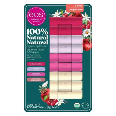 Eos Natural and Organic Shea Lip Balm Stick, 9-pack, 2 pomegranate raspberry, 2 chamomile, 2 black cherry, and 3 vanilla bean.