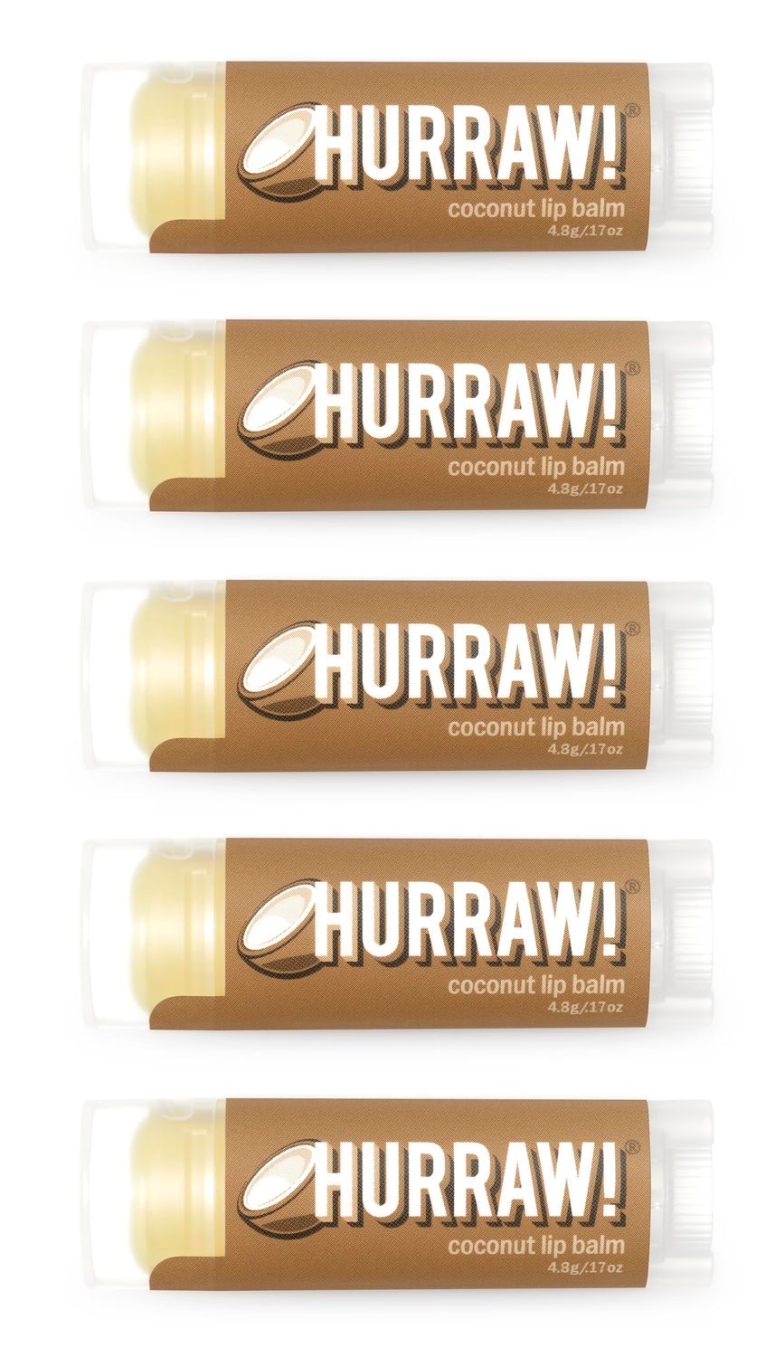 Hurraw! Coconut Lip Balm, 5 Pack: Organic, Certified Vegan, Cruelty and Gluten Free. Non-GMO, 100 Natural Ingredients. Bee, Shea, Soy and Palm Free. Made in USA