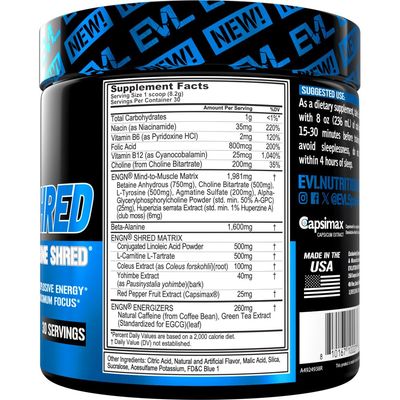 EVL Ultimate Pre Workout Powder - Thermogenic Fat Burn Support Preworkout Powder Drink for Lasting Energy Focus and Stamina - ENGN Shred Intense Creatine Free Preworkout Drink Mix - Blue Raz
