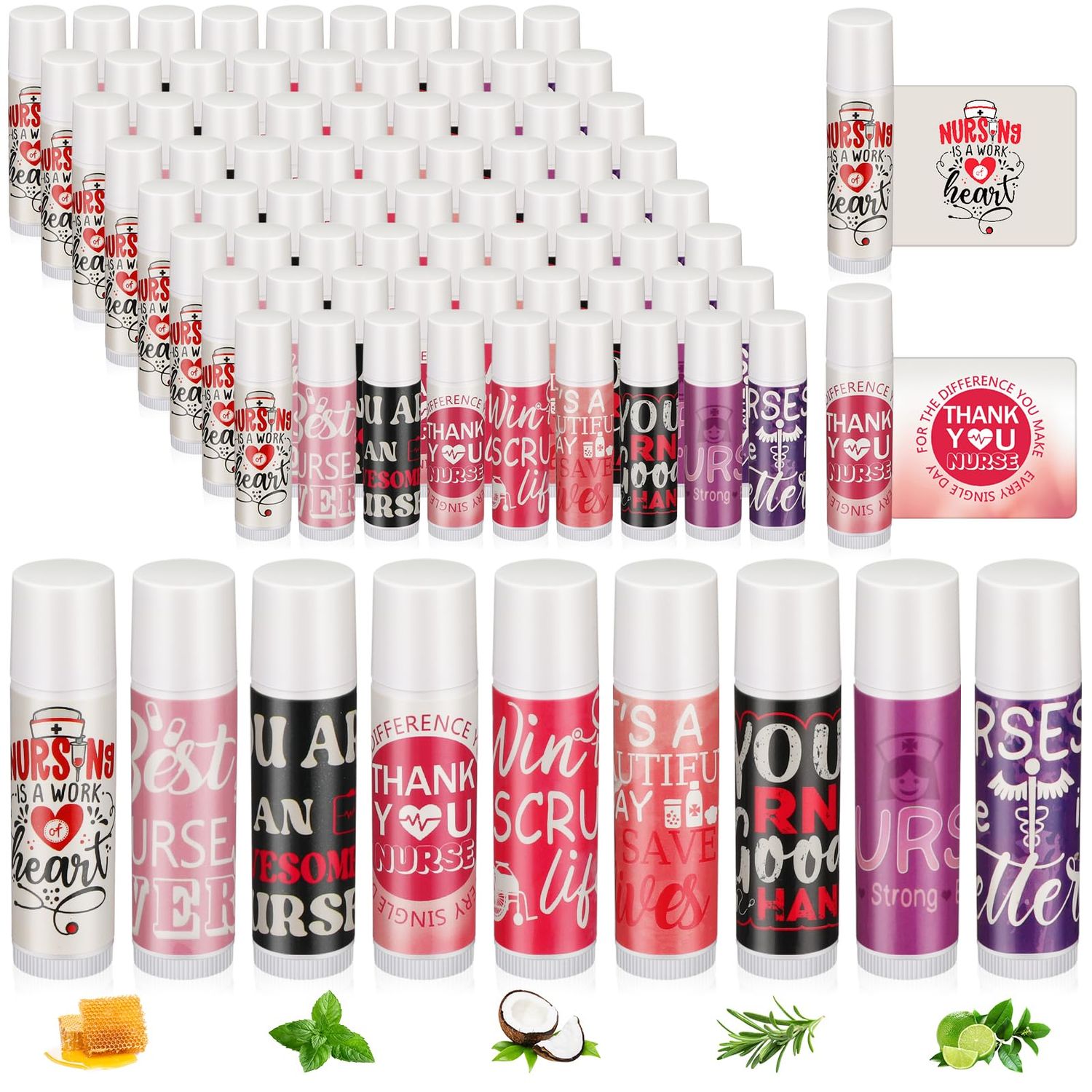 Dimsile 72 Sets 2025 CNA Week Gifts Bulk Lip Balm Party Nurse Appreciation Gifts with Bag and Card Thank you Nursing Favors for Nurse Coworker Staff Assistant Dental, 9 Styles