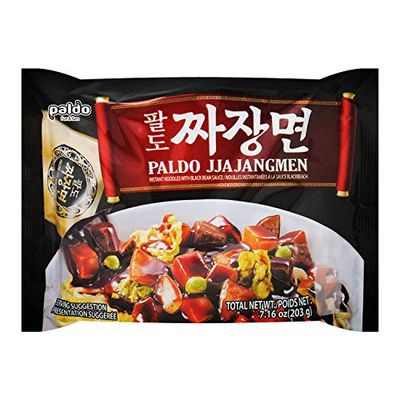 Paldo Fun &amp; Yum Jjajangmen Instant Noodles, Pack of 8, Brothless Chajang Ramen with Savory &amp; Sweet Black Bean Sauce, Best Oriental Style Korean Ramyun, Soupless K-Food, 203g x 8