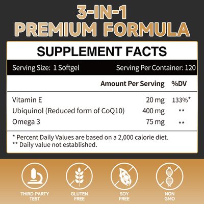 Ubiquinol CoQ10 400mg Softgels with Vitamin E & Omega-3, Max-Absorption Coenzyme Q10, Powerful Antioxidant, Supports Heart Health & Energy-Production,120 Count, Non-GMO