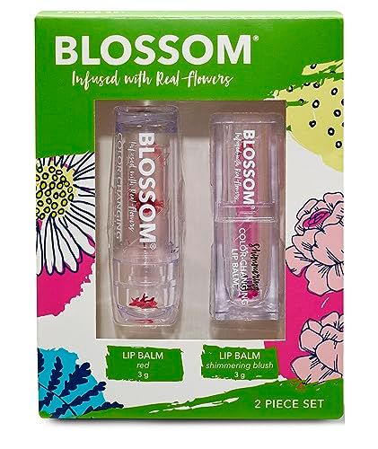 Blossom Moisturizing Scented pH Color Changing 2 pack, Strawberry Scented Crystal Lip Balm (Red), Shimmer Sparkle Lip Stain Tint (Blush), Infused with Real Flowers, 6g, Red/Blush