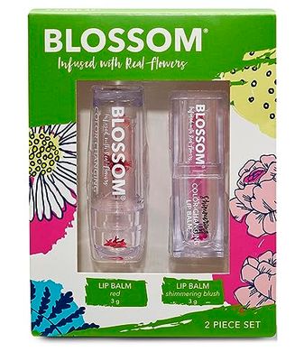 Blossom Moisturizing Scented pH Color Changing 2 pack, Strawberry Scented Crystal Lip Balm (Red), Shimmer Sparkle Lip Stain Tint (Blush), Infused with Real Flowers, 6g, Red/Blush