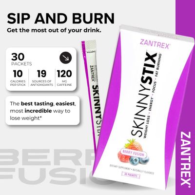 Zantrex SkinnyStix Energy Powder - Lose Weight, GLP-1, Appetite Suppressant, Boost Mood - 10 Calories - Yerba Mate, Coffee Bean - 30 Stix, Berry