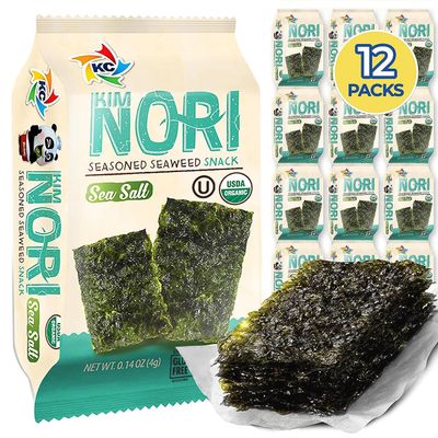 KIMNORI Seasoned Seaweed Snacks Sheets - Organic Sea Salt Flavor 12 Individual Packs Roasted Crispy Premium 100 Natural Laver Kim Nori 4g 0.14 Ounce