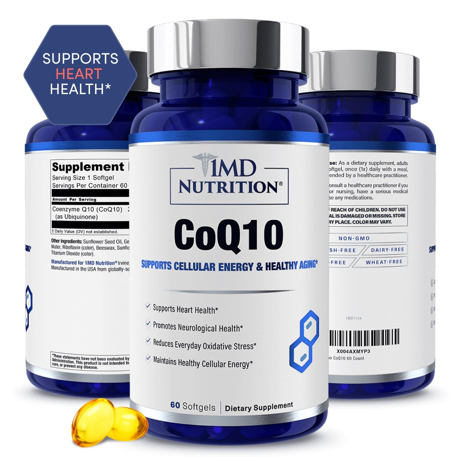 1MD Nutrition CoQ10 - for Heart Health &amp; Cellular Energy Production - Health Supplement for Men &amp; Women - Coenzyme Q10 Softgel - 60 Days