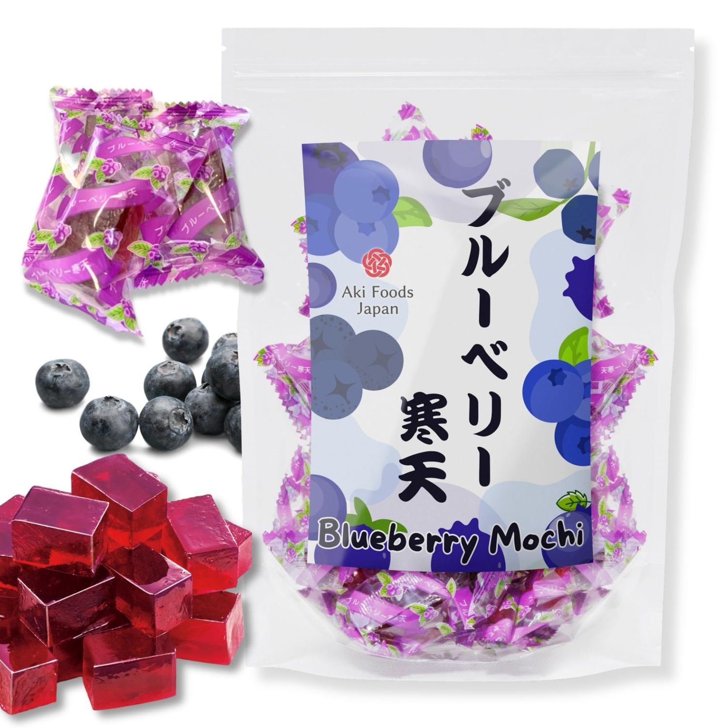 Blueberry Mochi Candy 300g by Aki Foods Japan - Vegan-Friendly, Plant-Based Soft Jelly Japanese Candy | Refreshing Sweetness of Blueberry Flavor, Made with Kanten Agar, Rich in Fiber | Product of J...
