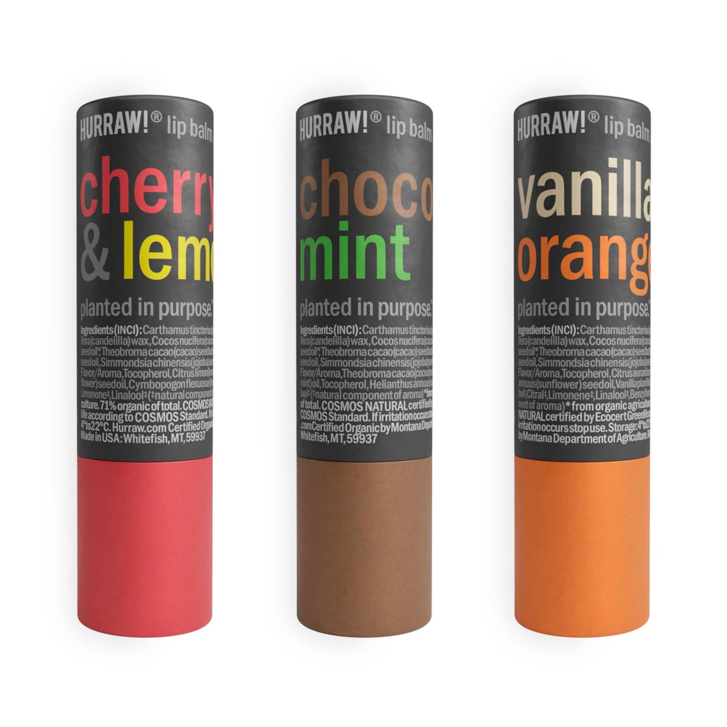 Hurraw! Cherry Lemon, Chocolate Mint &amp; Vanilla Orange Lip Balm 3 Pack Bundle: Plastic-Free with new cardboard push-up tube. Certified Organic, Natural &amp; Vegan. Bee, Shea, Soy &amp; Palm Free. Made in USA