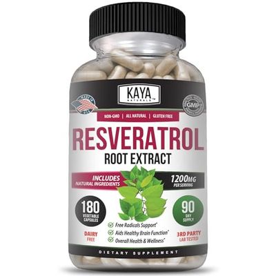 Kaya Naturals - Resveratrol Capsules - Anti Aging Supplement - Antioxidants with Brain Support - Maximum Benefits - 180 Veggies Capsules