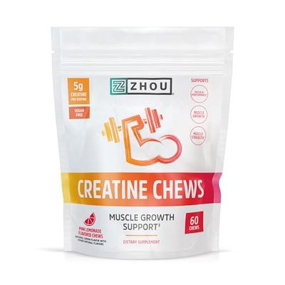 Zhou Nutrition Creatine Monohydrate Chewables 5g for Men &amp; Women, Sugar Free, Organic, Non GMO, Pink Lemonade, 60 Creatine Gummies